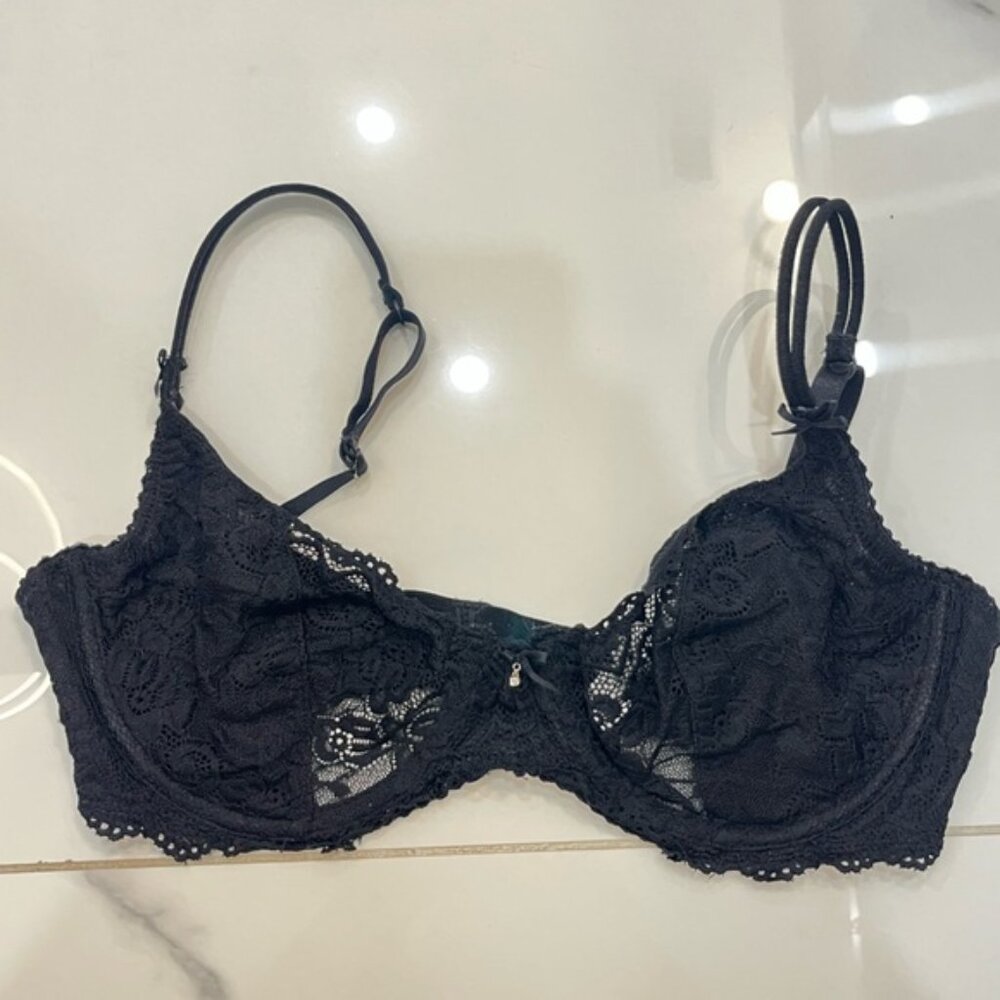 Black Lace Soft Cup Bra Size 36C Sheer Lace Design Lingerie Coquette Core